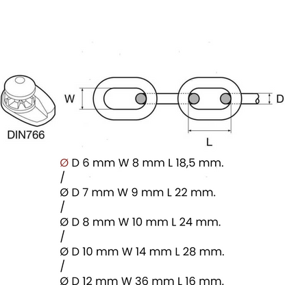 Catena calibrata in acciaio inox AISI 316 -DIN 766- 15/30/50/75/100 metri